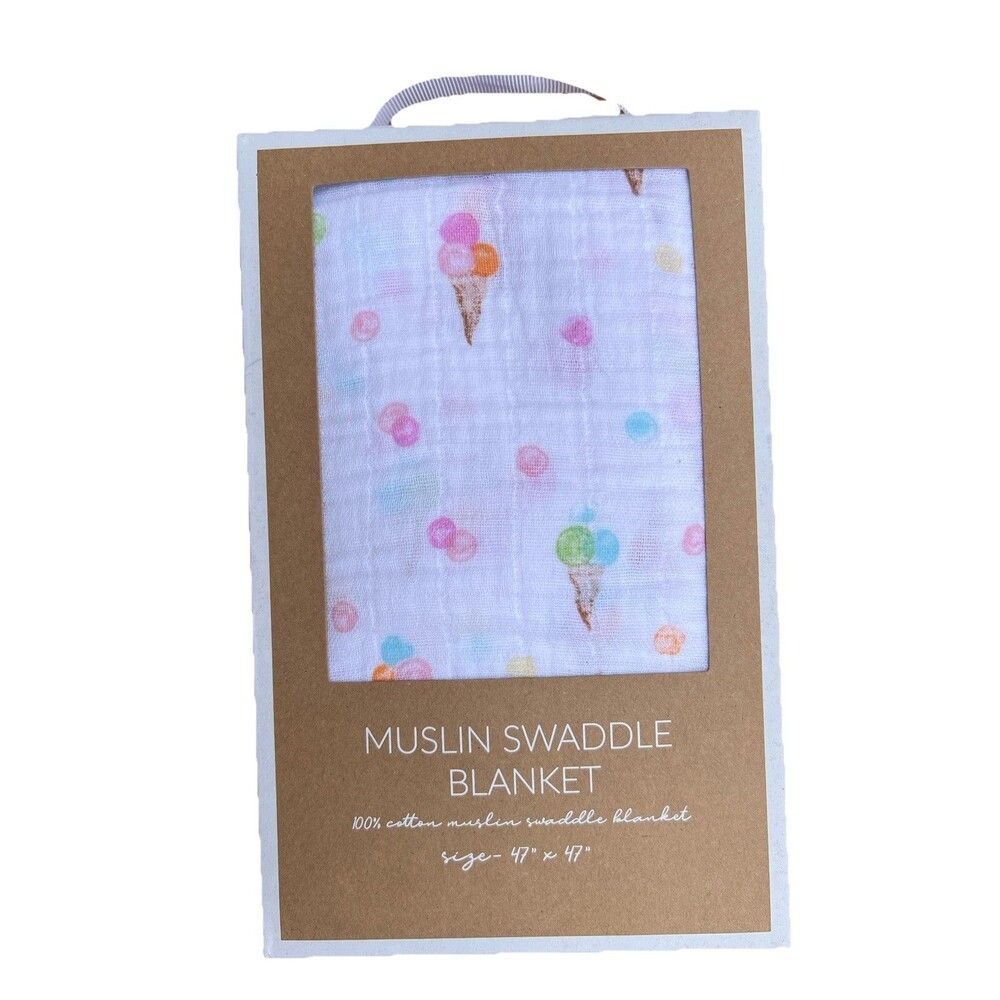Boutique Mud Pie Icecream Cones Muslin Swaddle Baby Blanket 47 X 47 New Gift Box